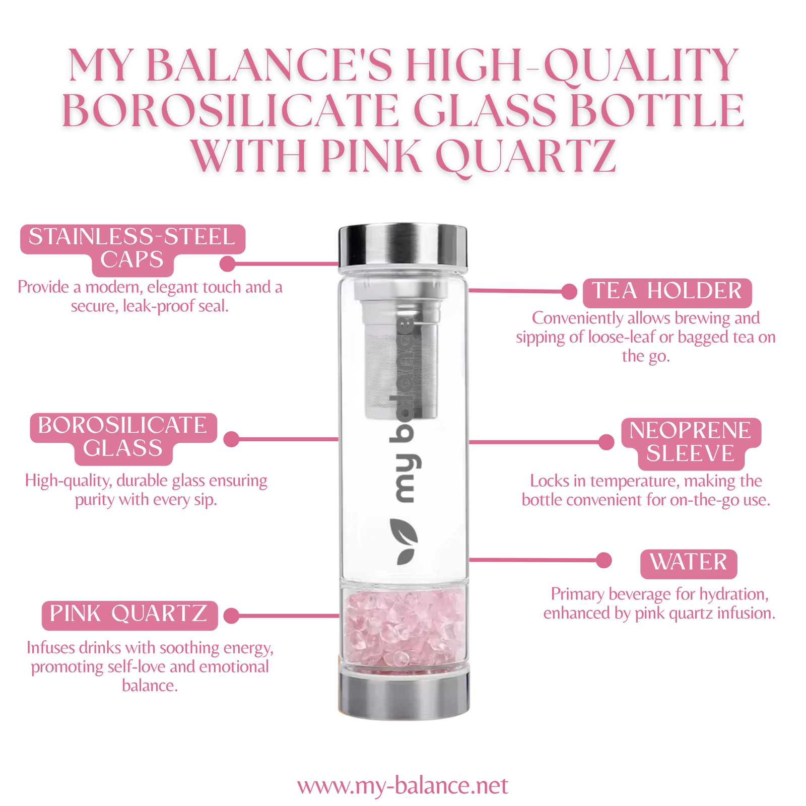 Discover the Power of Borosilicate Glass Bottle with Pink Quartz